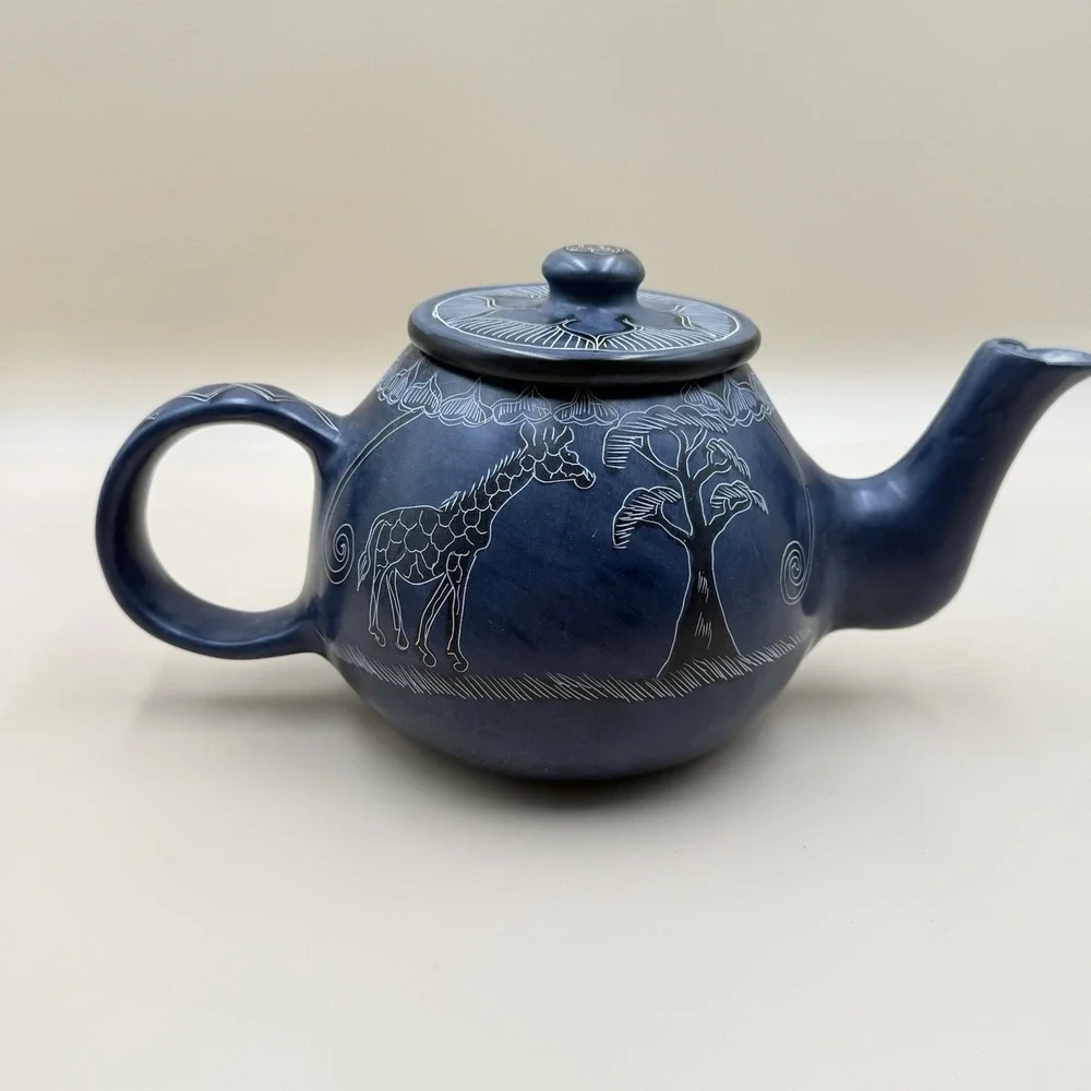 Afrian Soap Stone Tea Pot Etched Hand Painted Giraffe Safari Navy Kitchen